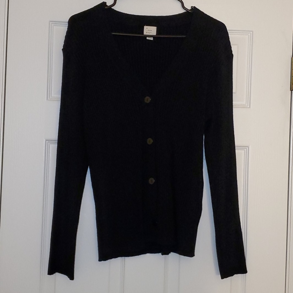 Black Ribbed Button Up Sweater